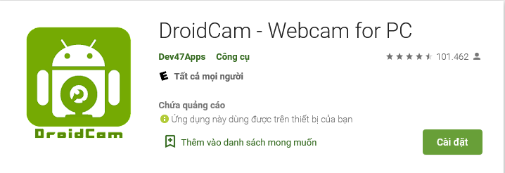 sử dụng điện thoại làm webcam, tải Droidcam cho android