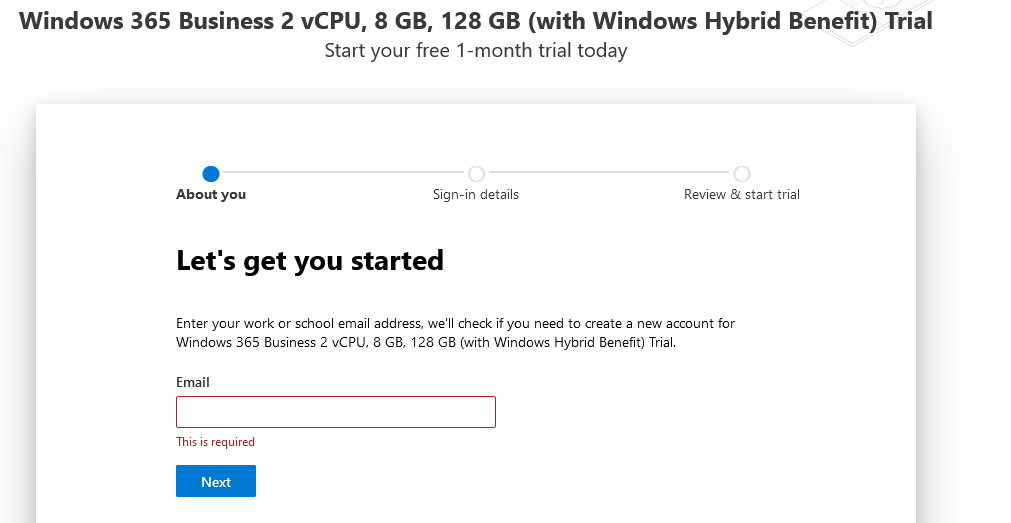 Windows 365 Cloud PC Sử Dụng VPS Miễn Phí 1 tháng của Microsoft nhập mail